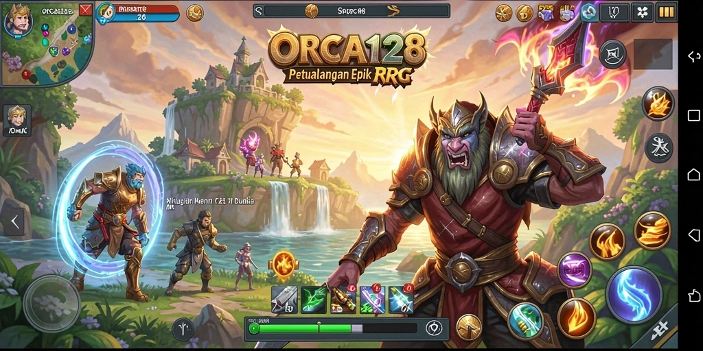 Screenshot gameplay ORCA128 yang menampilkan pertarungan epik dan eksplorasi dunia.